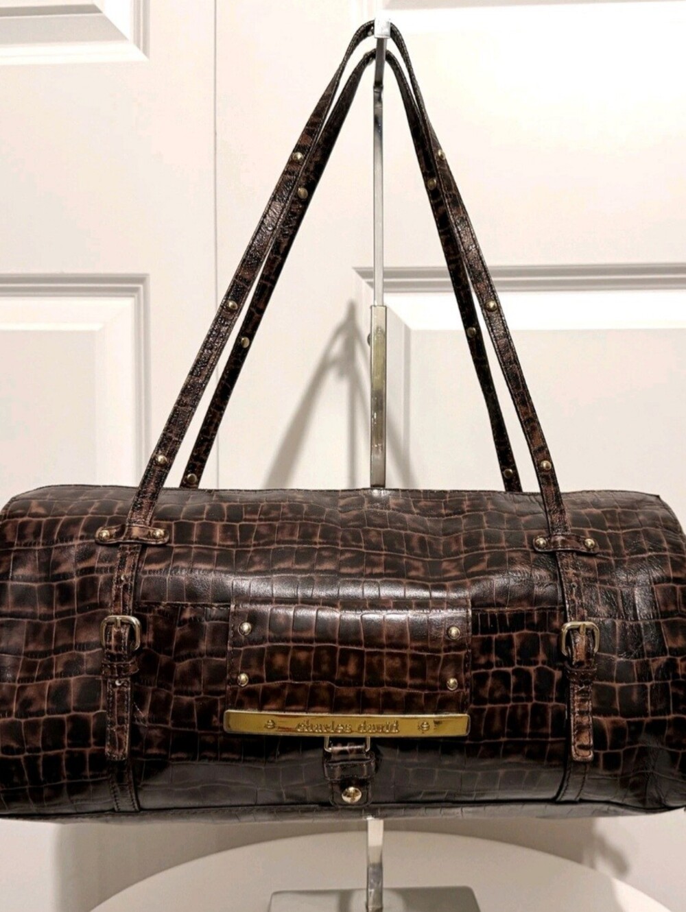 Charles David Brown Faux Croc Leather Barrel Bag